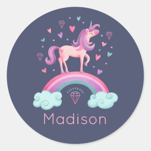 Cute Pink Rainbow Unicorn  Classic Round Sticker