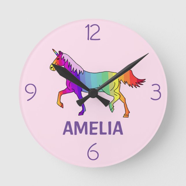 Cute Pink Rainbow Unicorn Girl Name Round Clock (Front)