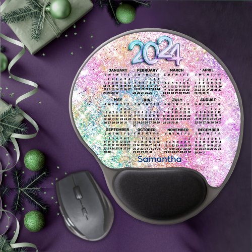 Cute Pink Rainbow unicorn Glitter 2024 calendar  Gel Mouse Pad