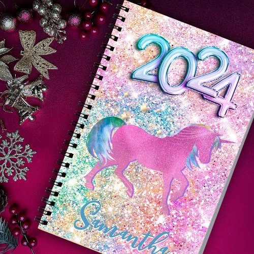 Cute Pink Rainbow unicorn Glitter 2024 Notebook
