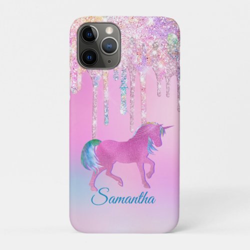Cute Pink Rainbow unicorn Glitter Drips monogram iPhone 11 Pro Case