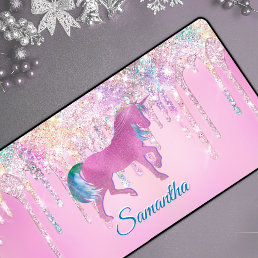 Cute Pink Rainbow unicorn Glitter Drips monogram Desk Mat