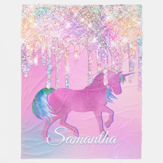 Cute Pink Rainbow unicorn Glitter Drips monogram Fleece Blanket (Front)
