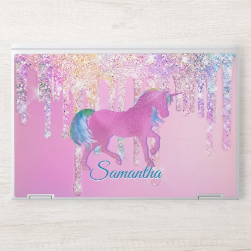 Cute Pink Rainbow unicorn Glitter Drips monogram HP Laptop Skin
