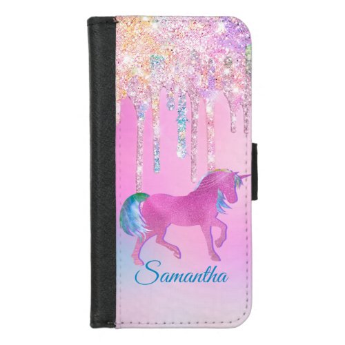 Cute Pink Rainbow unicorn Glitter Drips monogram iPhone 87 Wallet Case