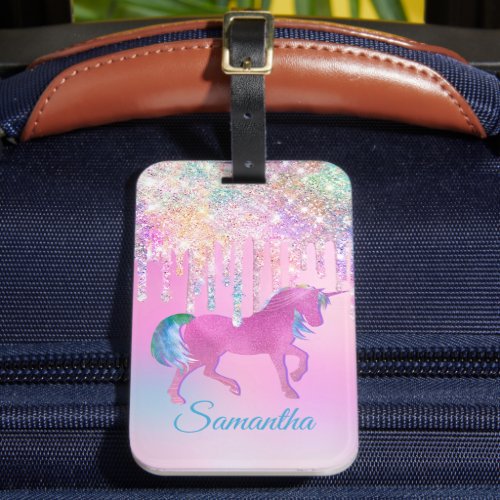 Cute Pink Rainbow unicorn Glitter Drips monogram Luggage Tag