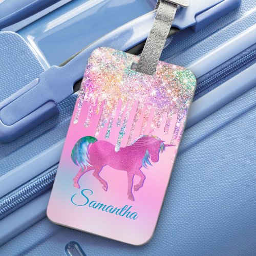 Cute Pink Rainbow unicorn Glitter Drips monogram Luggage Tag