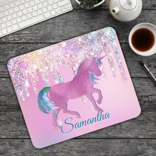 Cute Pink Rainbow unicorn Glitter Drips monogram Mouse Pad