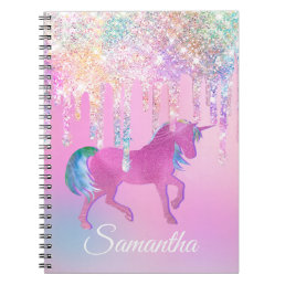 Cute Pink Rainbow unicorn Glitter Drips monogram Notebook
