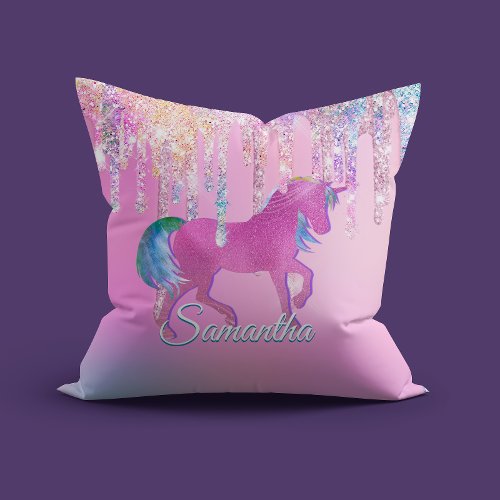 Cute Pink Rainbow unicorn Glitter Drips monogram Throw Pillow