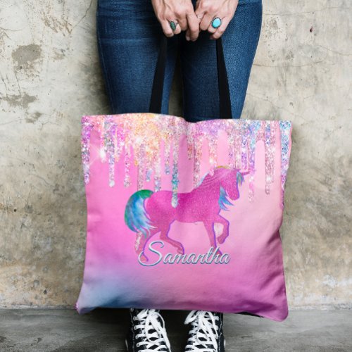 Cute Pink Rainbow unicorn Glitter Drips monogram Tote Bag