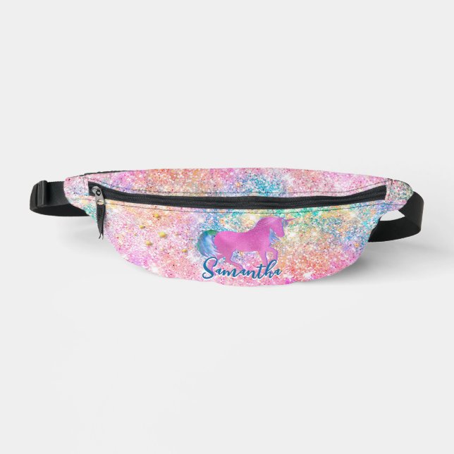 Cute Pink Rainbow unicorn Glitter Fanny Pack (Front)