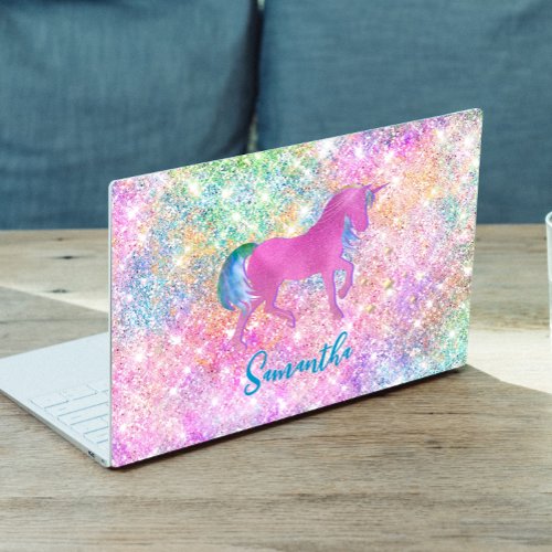 Cute Pink Rainbow unicorn Glitter monogram HP Laptop Skin