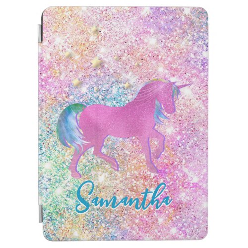 Cute Pink Rainbow unicorn Glitter monogram iPad Air Cover