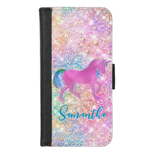 Cute Pink Rainbow unicorn Glitter monogram iPhone 87 Wallet Case