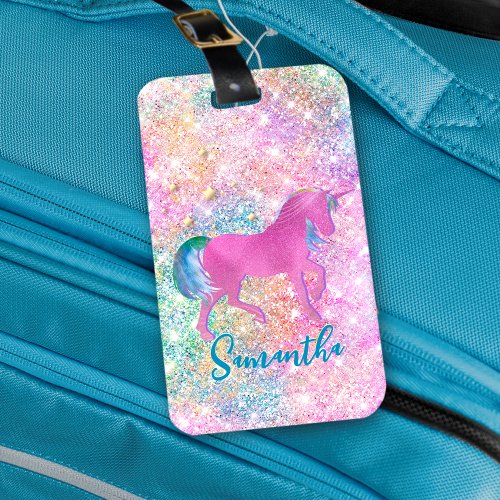 Cute Pink Rainbow unicorn Glitter monogram Luggage Tag