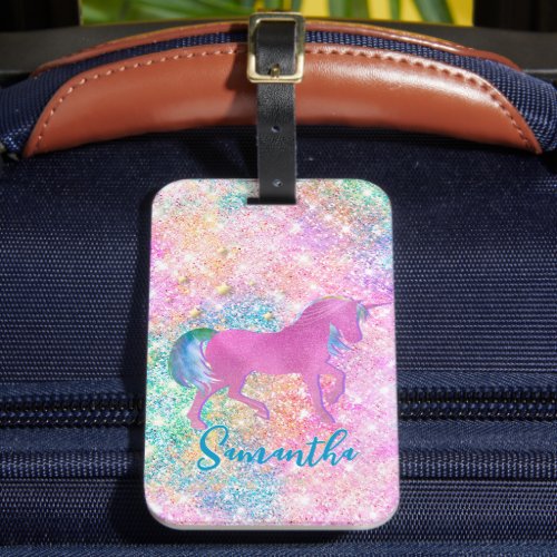 Cute Pink Rainbow unicorn Glitter monogram Luggage Tag