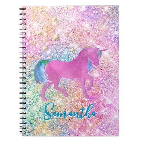 Cute Pink Rainbow unicorn Glitter monogram Notebook