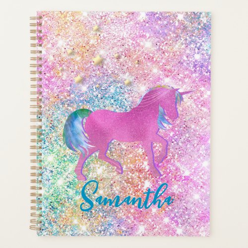 Cute Pink Rainbow unicorn Glitter monogram Planner