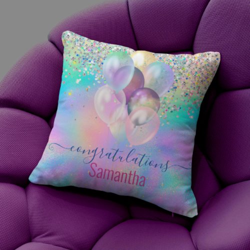Cute Pink Rainbow unicorn Glitter monogram Throw Pillow