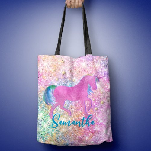 Cute Pink Rainbow unicorn Glitter monogram Tote Bag