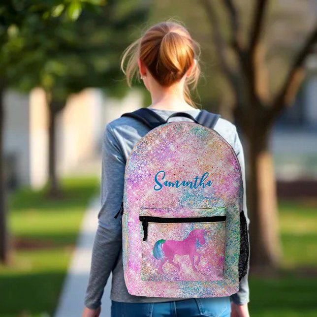 Cute Pink Rainbow unicorn Glitter  Printed Backpack (Creator Uploaded)