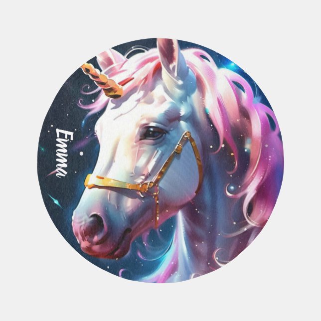 Cute Pink Rainbow Unicorn Kid Custom Name Playroom Rug (Front)
