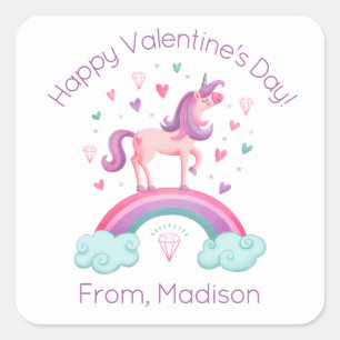 Cute Pink Rainbow Unicorn kids Classroom Valentine Square Sticker
