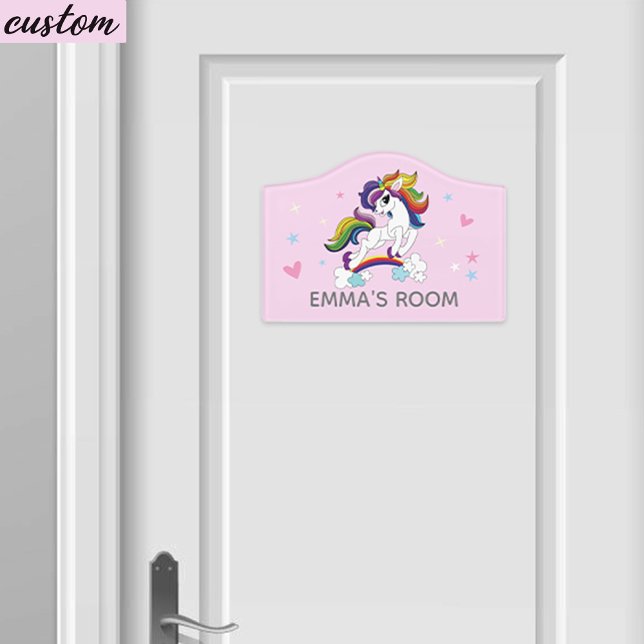 Cute Pink Rainbow Unicorn Magical Kids Name Door Sign (Rainbow Unicorn Magical Kids Name Door Sign)
