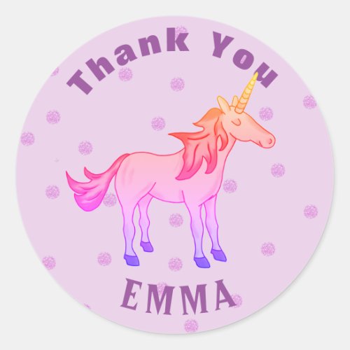 Cute Pink Rainbow Unicorn Thank You Name Classic Round Sticker