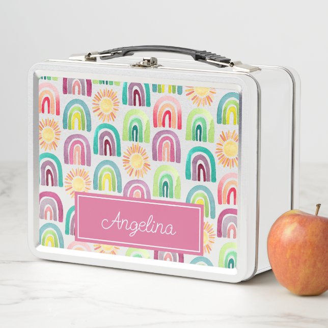 Cute Pink Rainbows & Suns Pattern Back to School Metal Lunch Box (In Situ)