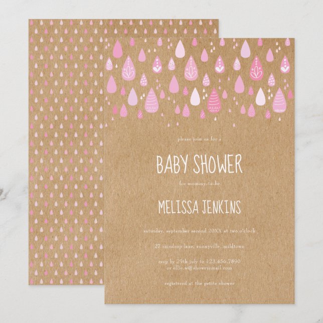 Cute Pink Raindrops Baby Shower / Sprinkle Invitation (Front/Back)