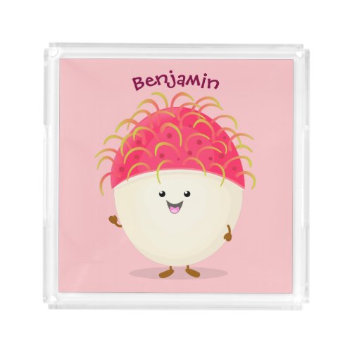 Cute pink rambutan cartoon illustration acrylic tray
