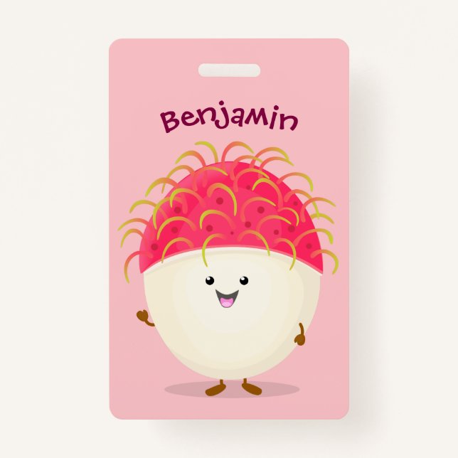 Cute pink rambutan cartoon illustration badge (Front)