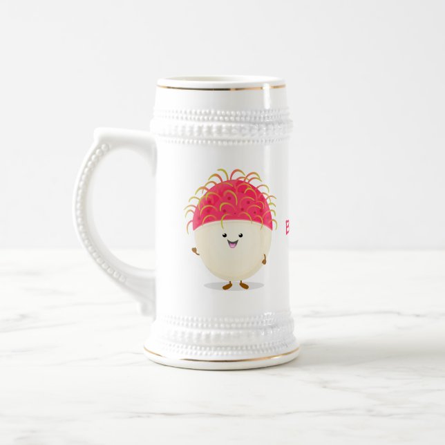 Cute pink rambutan cartoon illustration beer stein (Left)