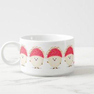 Cute pink rambutan cartoon illustration bowl