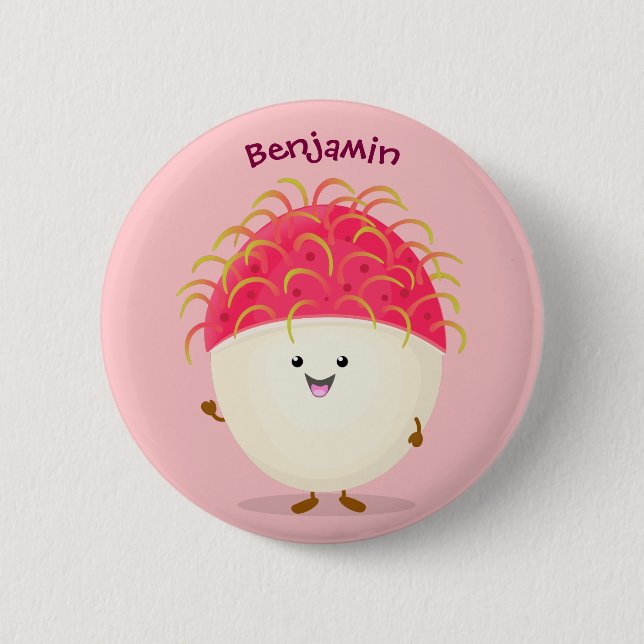 Cute pink rambutan cartoon illustration button (Front)