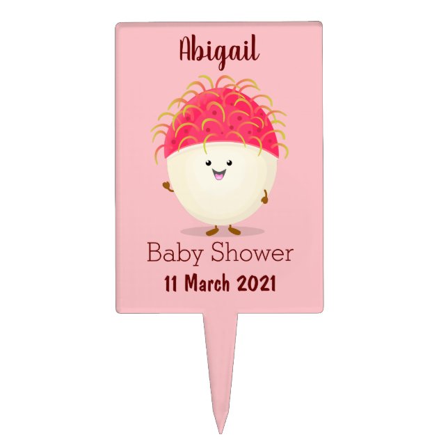 Cute pink rambutan cartoon illustration cake topper (Front)