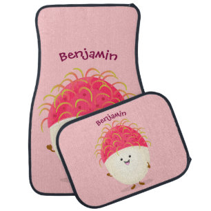 Cute pink rambutan cartoon illustration car floor mat