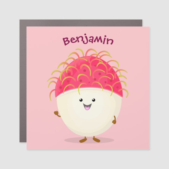 Cute pink rambutan cartoon illustration car magnet (Front)