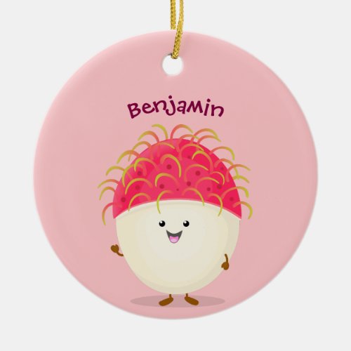 Cute pink rambutan cartoon illustration ceramic ornament
