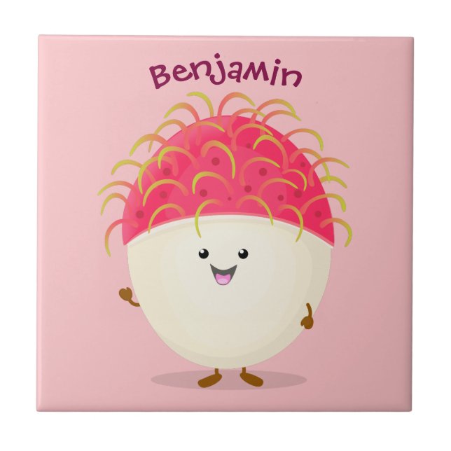 Cute pink rambutan cartoon illustration ceramic tile (Front)