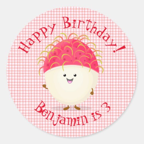 Cute pink rambutan cartoon illustration classic round sticker