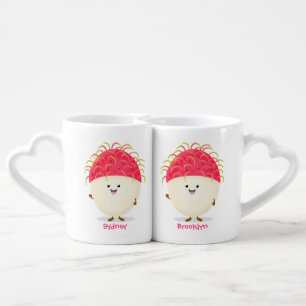 Cute pink rambutan cartoon illustration coffee mug set