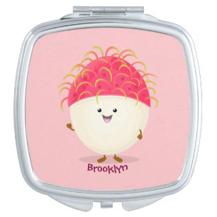 Cute pink rambutan cartoon illustration compact mirror