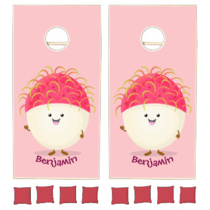 Cute pink rambutan cartoon illustration cornhole set