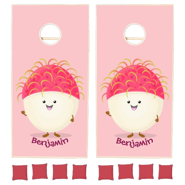 Cute pink rambutan cartoon illustration cornhole set (Set)