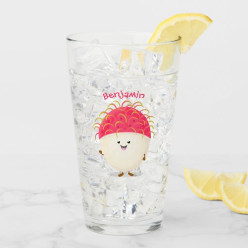 Cute pink rambutan cartoon illustration glass