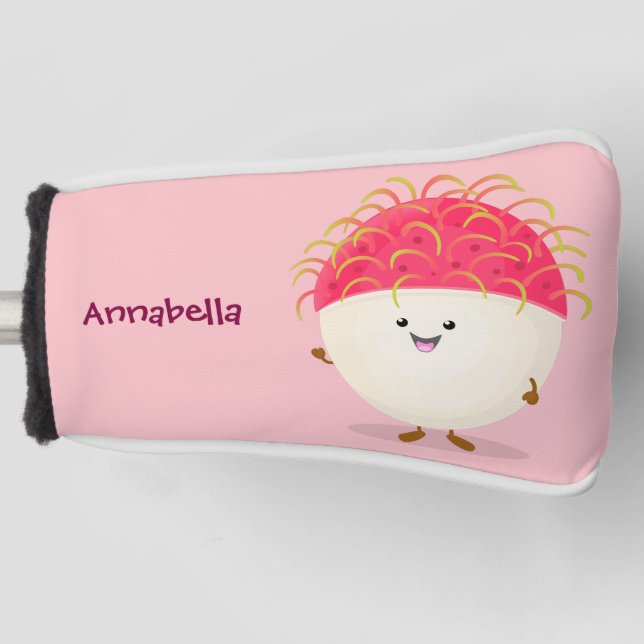 Cute pink rambutan cartoon illustration golf head cover (Front)