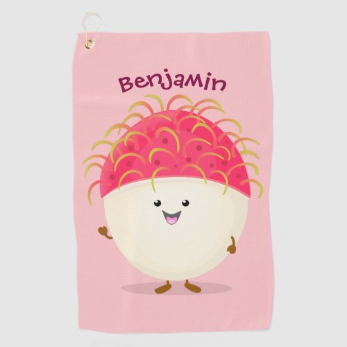 Cute pink rambutan cartoon illustration  golf towel